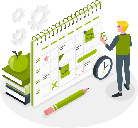 Illustrasjon av en person foran en stor kalender